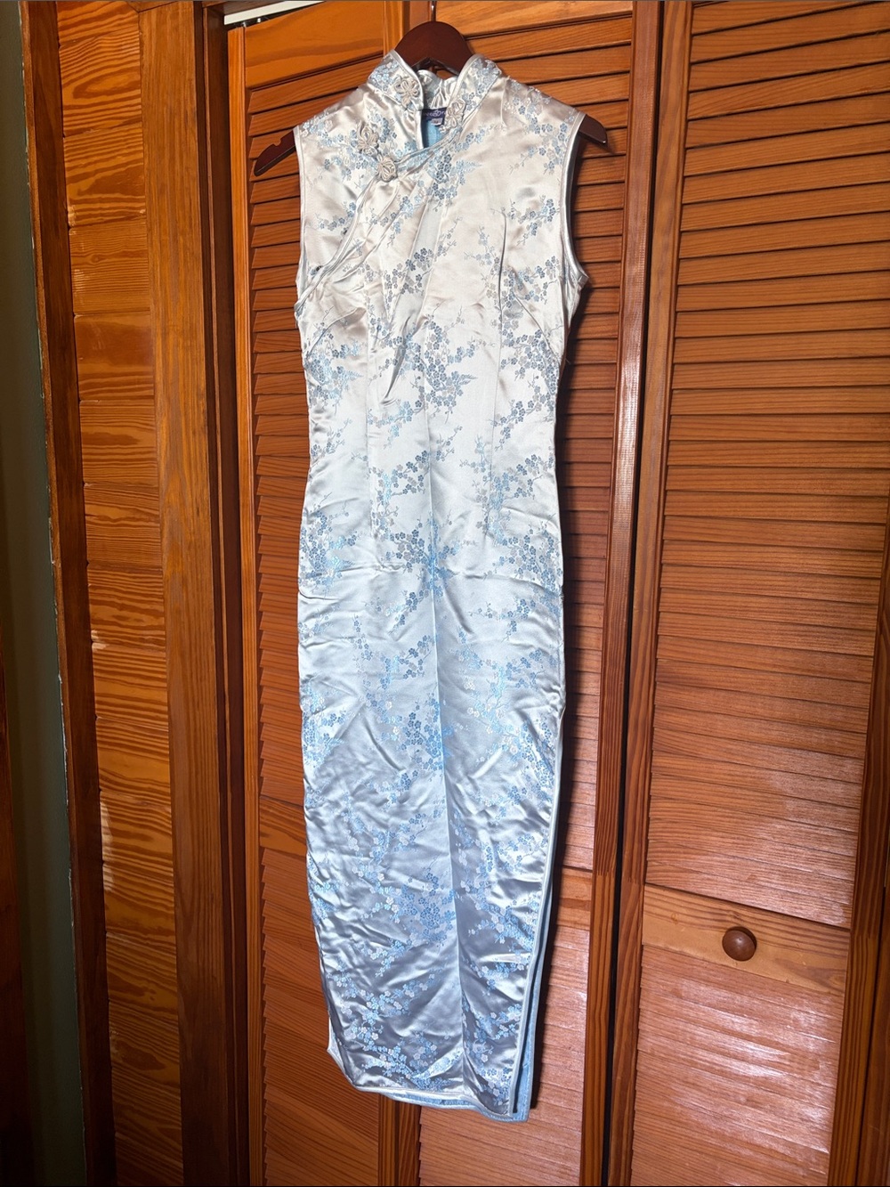 Vintage Blue Satin Floral Qipao Dress Cheongsam Asian